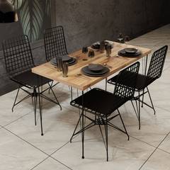 Juego de mesa y 5 sillas Liang Metal negro y madera de roble claro