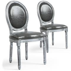 Lot de 20 chaises de style, chaises Louis XVI Tissu enduit gris et bois patiné argent