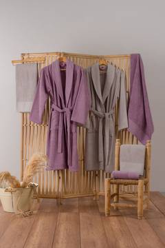Ensemble de bain 100% coton de 2 peignoirs et 4 serviettes Camillio Violet clair et Taupe