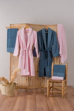 Ensemble de bain 100% coton de 2 peignoirs et 4 serviettes Camillio Bleu et Rose