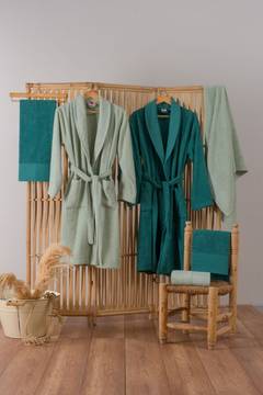 Ensemble de bain 100% coton de 2 peignoirs et 4 serviettes Camillio Vert émeraude et Vert pâle