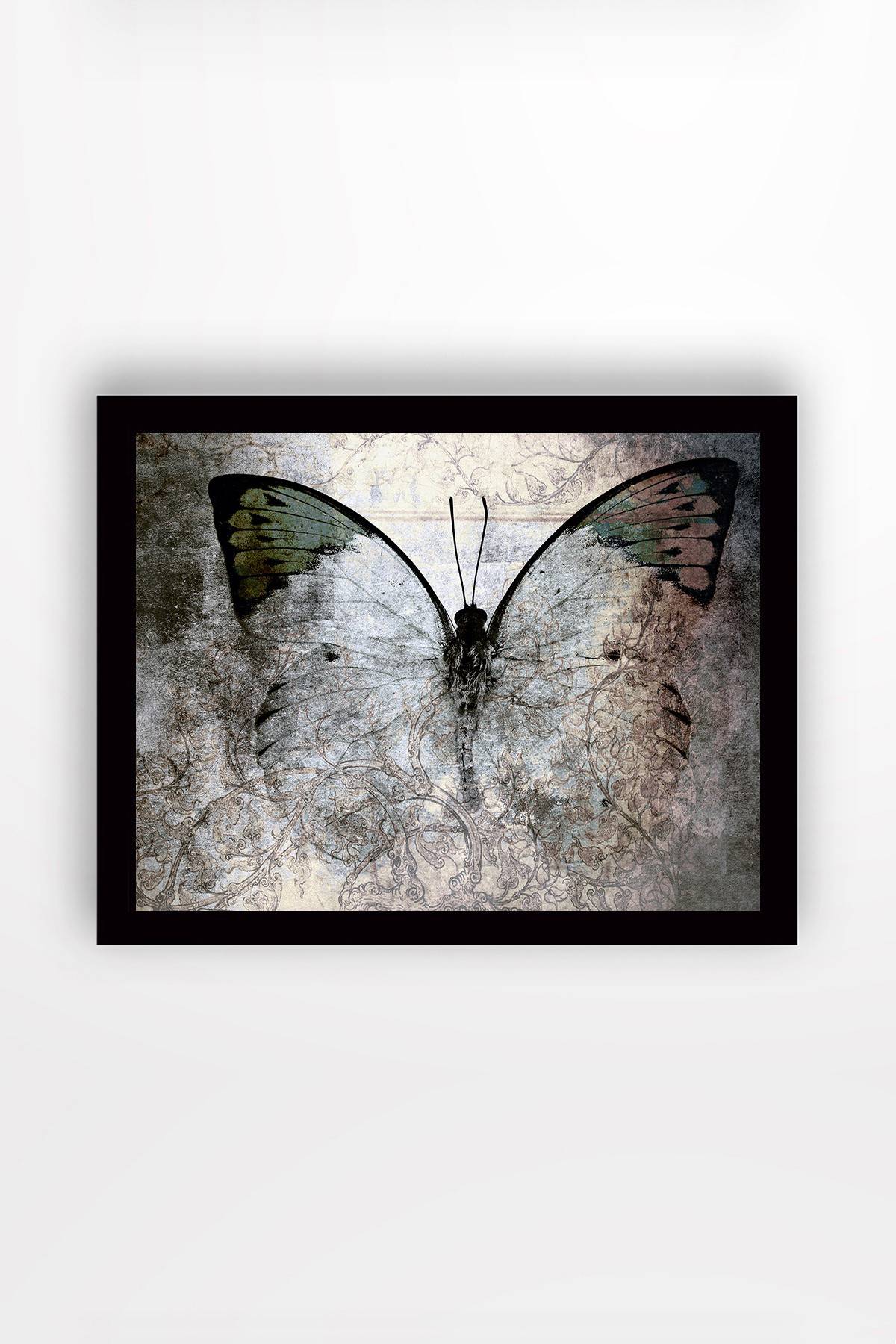 Tableau décoratif à cadre Noir Yavasta 56x41cm Motif Abstrait papillon Vert et Gris
