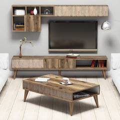Ensemble meuble Tv, table basse et étagère murale design Ribera Bois foncé et Blanc