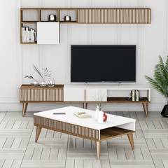 Ensemble meuble Tv, table basse et étagère murale design Ribera Bois clair et Blanc