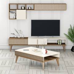 Ensemble meuble Tv, table basse et étagère murale design Ribera Bois clair et Crème