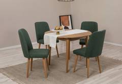 Set table ronde extensible et 4 chaises Malva Bois clair et Tissu Vert