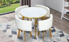 Riga Tischgruppe mit rundem Tisch und vier Stühlen, Marmor Effekt und Kunstleder Weiß