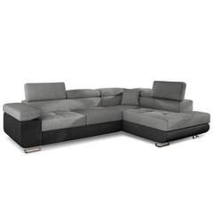 Sofá cama chaise longue Antoni, derecha, PU negro con tela gris oscuro