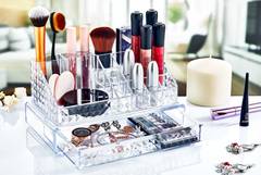 Martika Make-up-Aufbewahrungsbox aus Acryl, 1 Schubladen und 16 Gitter, Diamantprägung, transparent