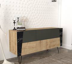 Sideboard mit Dreistoff-Effekt Lack Marmor Holz Ancon 150 x 46,8 x 74,6 cm Melaminplatte Schwarz Kittgrau