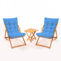 Ensemble 2 chaise de jardin et 1 table basse Purrault Bois massif clair et Tissu Bleu