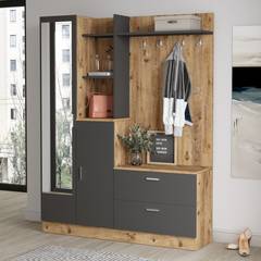 Conjunto de armario y perchero de estilo escandinavo Laska en roble claro y madera gris