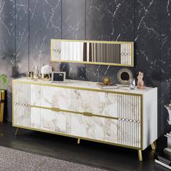 Sideboard-Set 4 Türen 120 cm und 1 Spiegel Wilma Gold Metal und White Wood Marmoreffekt und Gold Geometric Pattern