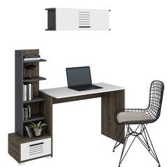 Conjunto de escritorio, librería y estantería Doller en antracita, blanco y madera oscura