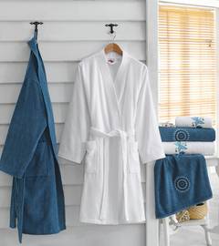 Set de baño 100% algodón de 2 albornoces y 4 toallas Marino Azul y Blanco