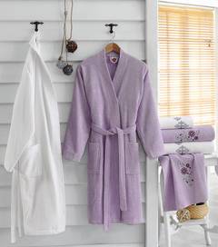 Ensemble de bain 100% coton de 2 peignoirs et 4 serviettes Marino Violet et Blanc