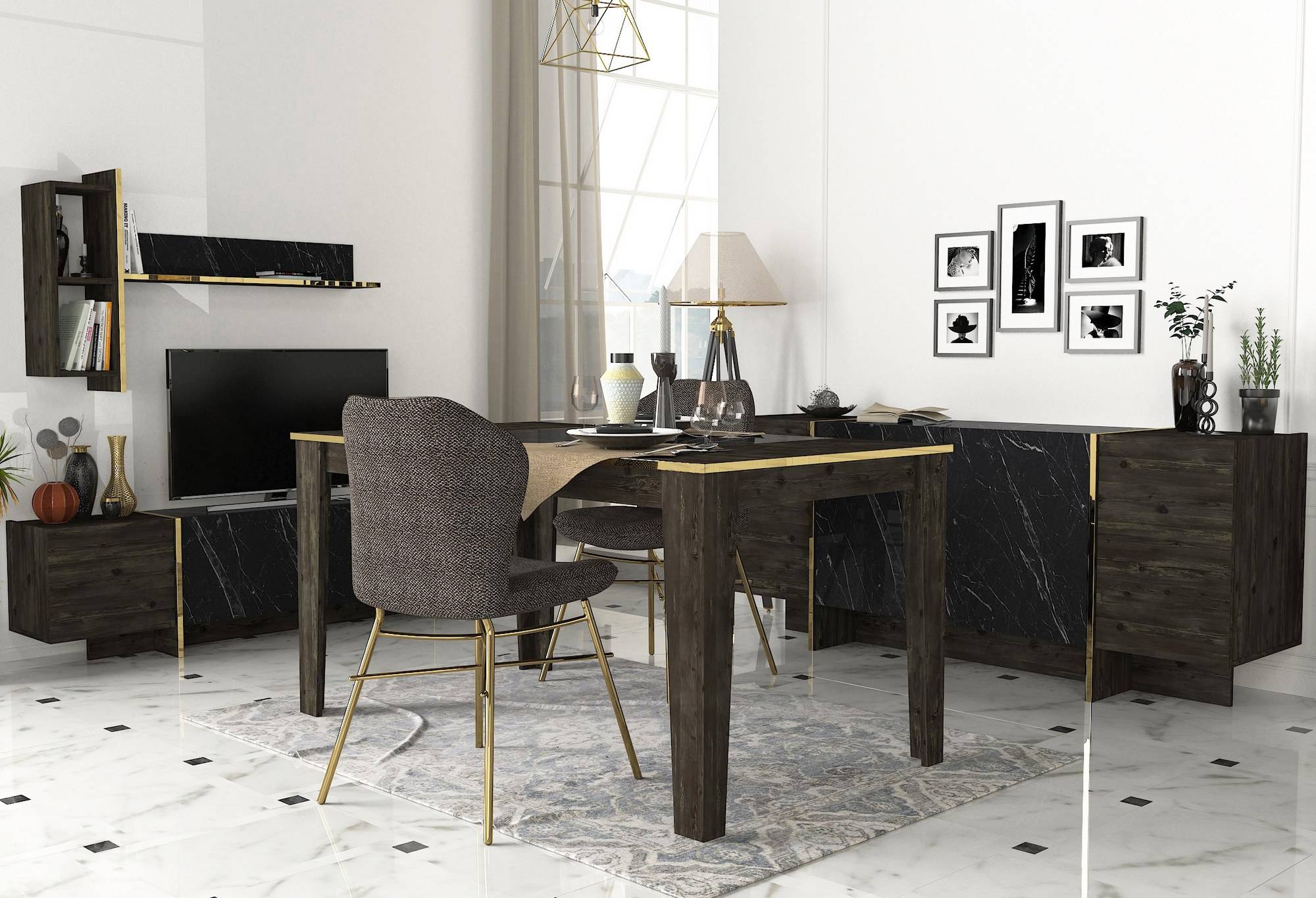 Ensemble de meubles de salon avec table à manger Frisko Bois foncé et Effet marbre Noir