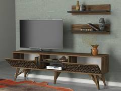 Ensemble meuble TV et 2 étagères murales style oriental Sukura Chêne foncé et Gris