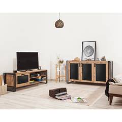 Conjunto de mueble de TV y aparador de estilo industrial Brigit Metal negro y madera clara
