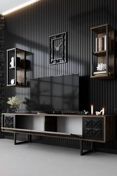 Conjunto de soporte de TV y estante de pared Gila Negro y madera oscura