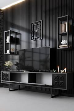 Ensemble meuble TV et étagère murale Gila Noir et Anthracite