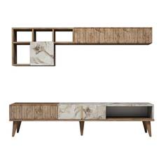 Ensemble meuble TV et étagère murale Ribera Chêne foncé et Effet marbre Blanc