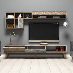 Ensemble meuble TV et étagère murale Ribera Chêne foncé et Effet marbre Blanc