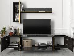 Conjunto de soporte de TV y estante con efecto de mármol negro y dorado de Nianlong