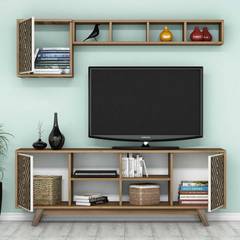 Conjunto de estante y soporte de TV de madera Waevo y crema blanca