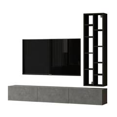 Ensemble meuble TV mural placard et étagères Insimul Effet béton gris et Bois noir