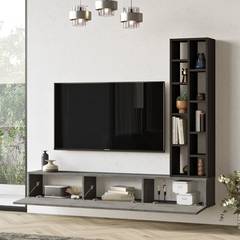 Ensemble meuble TV mural placard et étagères Insimul Effet béton gris et Bois noir
