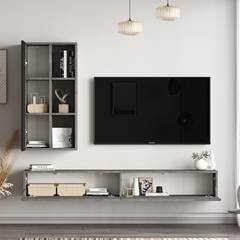 Ensemble meuble TV mural placard et étagères semi-ouvertes Insimul Effet béton gris et Bois noir