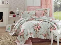Antoinette Funda de algodón 100 160x235cm con sábana plana 160x240cm y 1 funda de almohada 50x70cm Estampado floral verde menta y rosa
