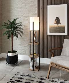 Ulkoda 3 plank vloerlamp 135cm Natuurlijke en zwart hout en witte stof