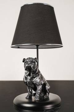 Lampe de table pied ronde bosse bulldog à abat-jour Replica 20x44cm Métal Noir et Tissu Argent
