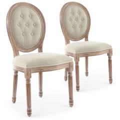Lot de 2 chaises de style médaillon Louis XVI Bois patiné & Tissu capitonné beige