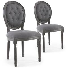 Set van 2 Louis XVI-stoelen in medaillonstijl Grijs hout en grijze gewatteerde stof