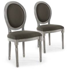 Lot de 2 chaises de style médaillon Louis XVI Bois gris patiné & tissu gris