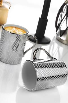 Lot de 2 mug Calix Porcelaine Motif Géométrique Argent et Blanc