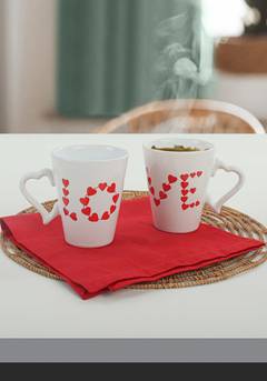 Lot de 2 mug Merasse Céramique Motif "LOVE" Blanc et Rouge