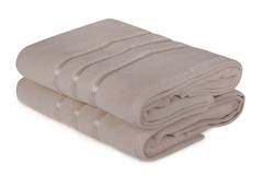 Lot de 2 serviettes de bain trois liteaux texture pelucheuse texture pelucheuse Vitta 70x140cm 100% Micro Coton Champagne