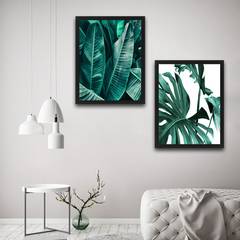 Lot de 2 tableaux Duo L30xH40 Motif feuilles tropicale Vert et Blanc