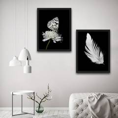 Lot de 2 tableaux Duo L30xH40 Motif Plume et Papillon Noir et Blanc