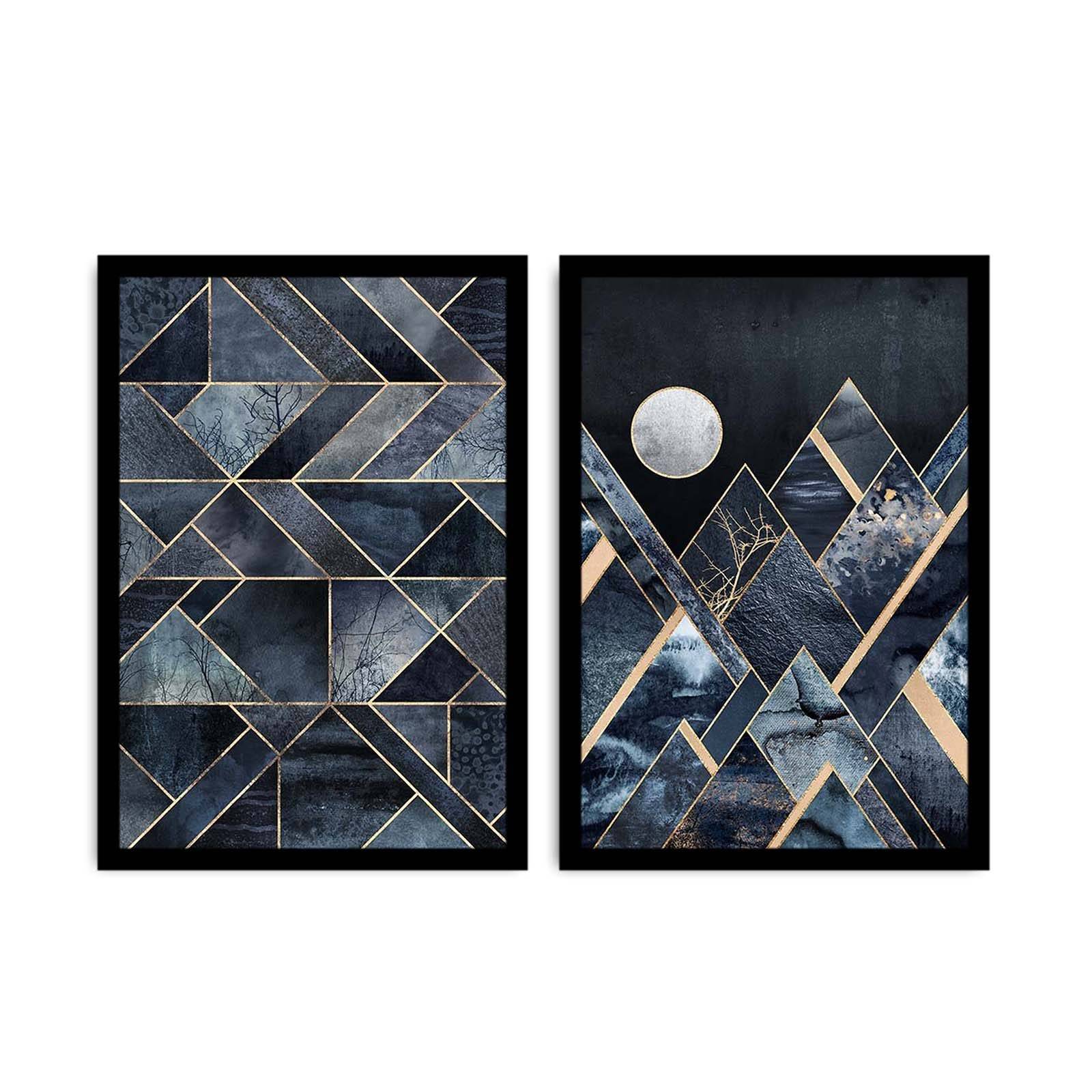 Lot de 2 tableaux encadrée en Noir Pictor L74xH51cm Motif Géométrique abstrait Nuances de bleu et Or
