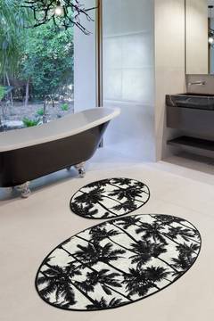 Lot de 2 tapis de salle de bain Crinitus ovales palmiers Blanc et Noir