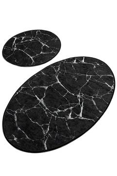 Lot de 2 tapis de salle de bain ovales Artem Tissu effet Marbre Noir