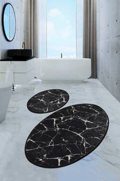 Lot de 2 tapis de salle de bain ovales Artemus Tissu effet Marbre Noir