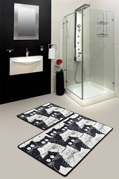 Set aus 2 rechteckigen Badezimmerteppichen Artem Katzengesichter Velours Schwarz und Weiß