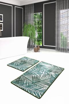 Lot de 2 tapis de salle de bain rectangles Artem feuillages Velours Vert et Blanc