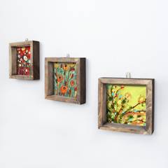 Conjunto de 3 cuadros Chronosol 15x15cm Pino macizo natural y Lienzo Flores abstractas